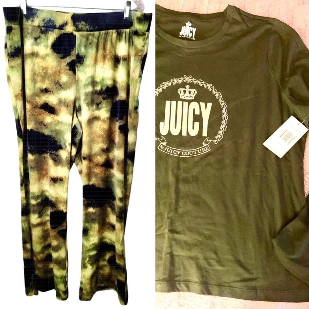 Juicy 2pc. Lounge Outfit NEW With Tags Camo Velveteen Yoga Pant/Olive L/S Tee 2X - Picture 2 of 14